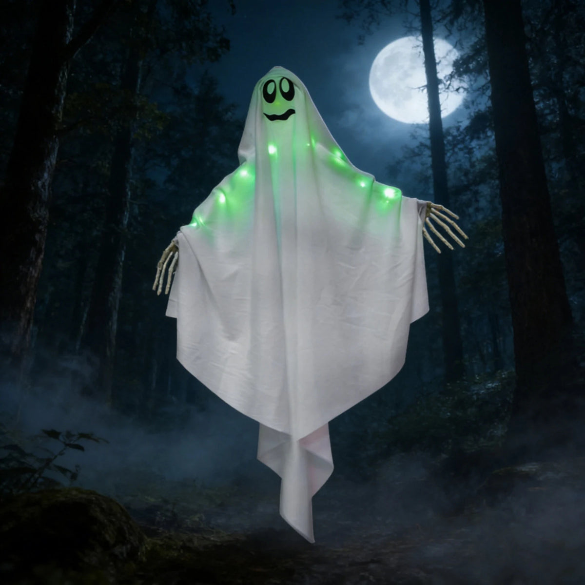 Halloween Glowing Ghost Hanging Decoration with Green Light, Skeleton Hand and Multiple Expressions, Halloween Outdoor Decor
