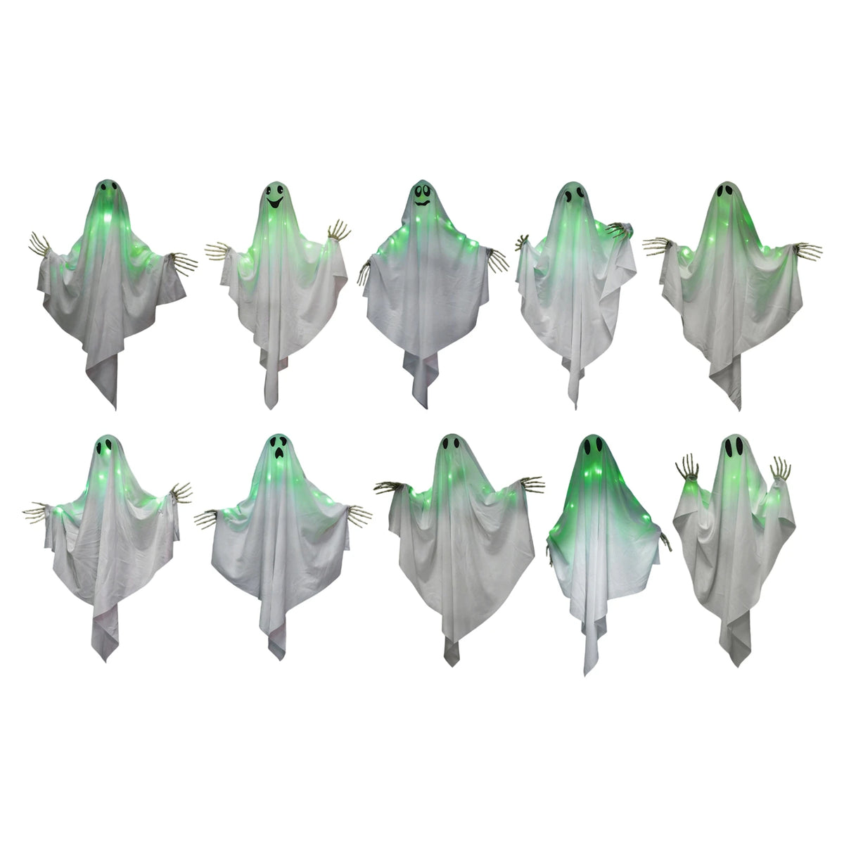 Halloween Glowing Ghost Hanging Decoration with Green Light, Skeleton Hand and Multiple Expressions, Halloween Outdoor Decor