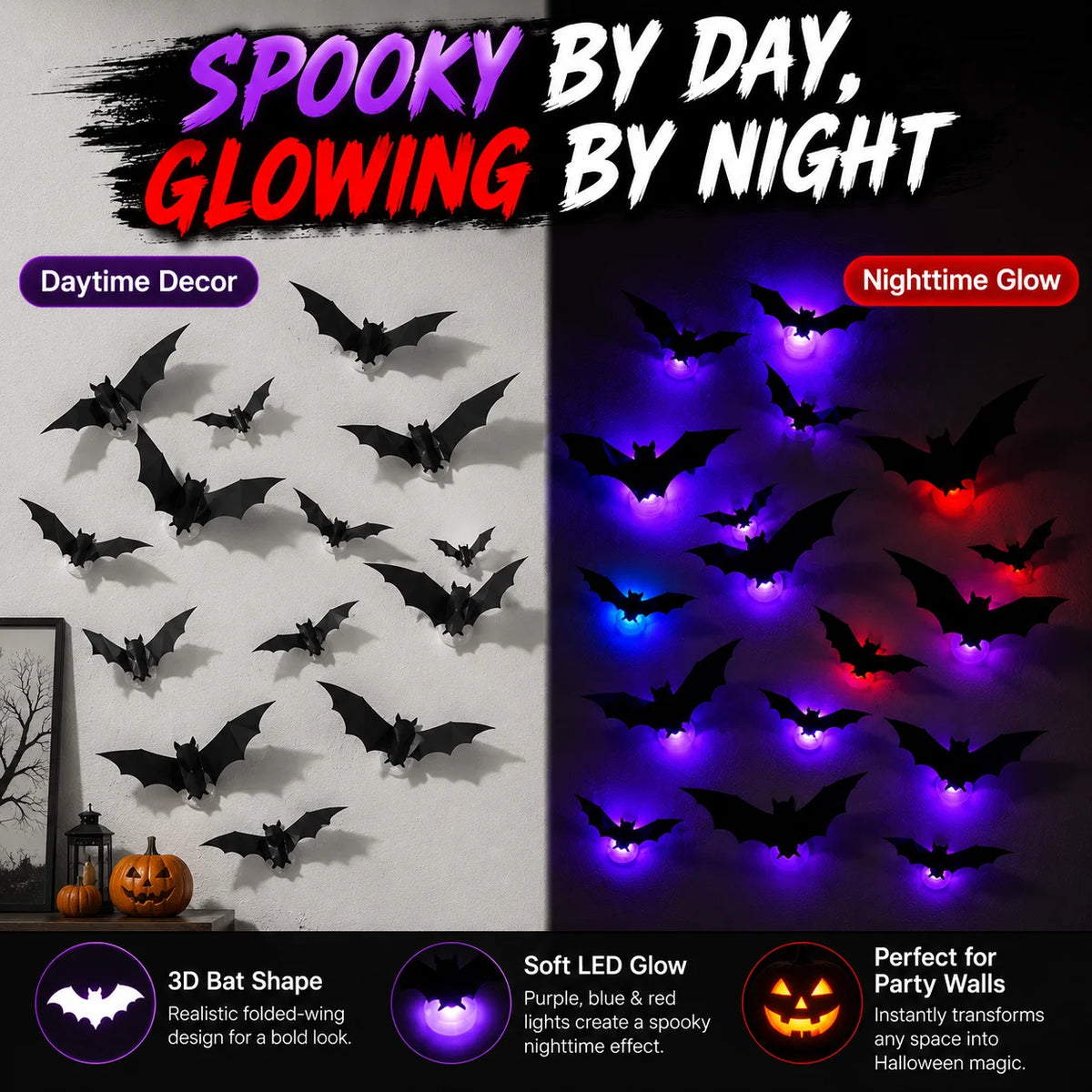 Halloween Spooky Ornaments: 3D Bat Light LED Decorations | Bendable Wall Stickers, Powered Glowing Decor | Decor Party, Window