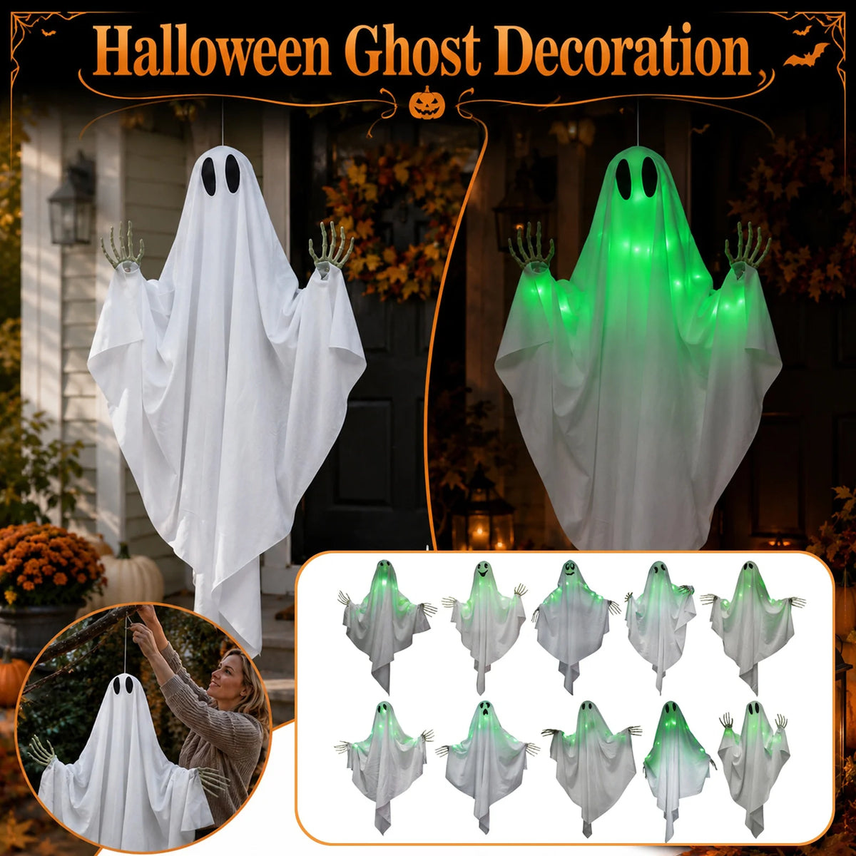 Halloween Glowing Ghost Hanging Decoration with Green Light, Skeleton Hand and Multiple Expressions, Halloween Outdoor Decor