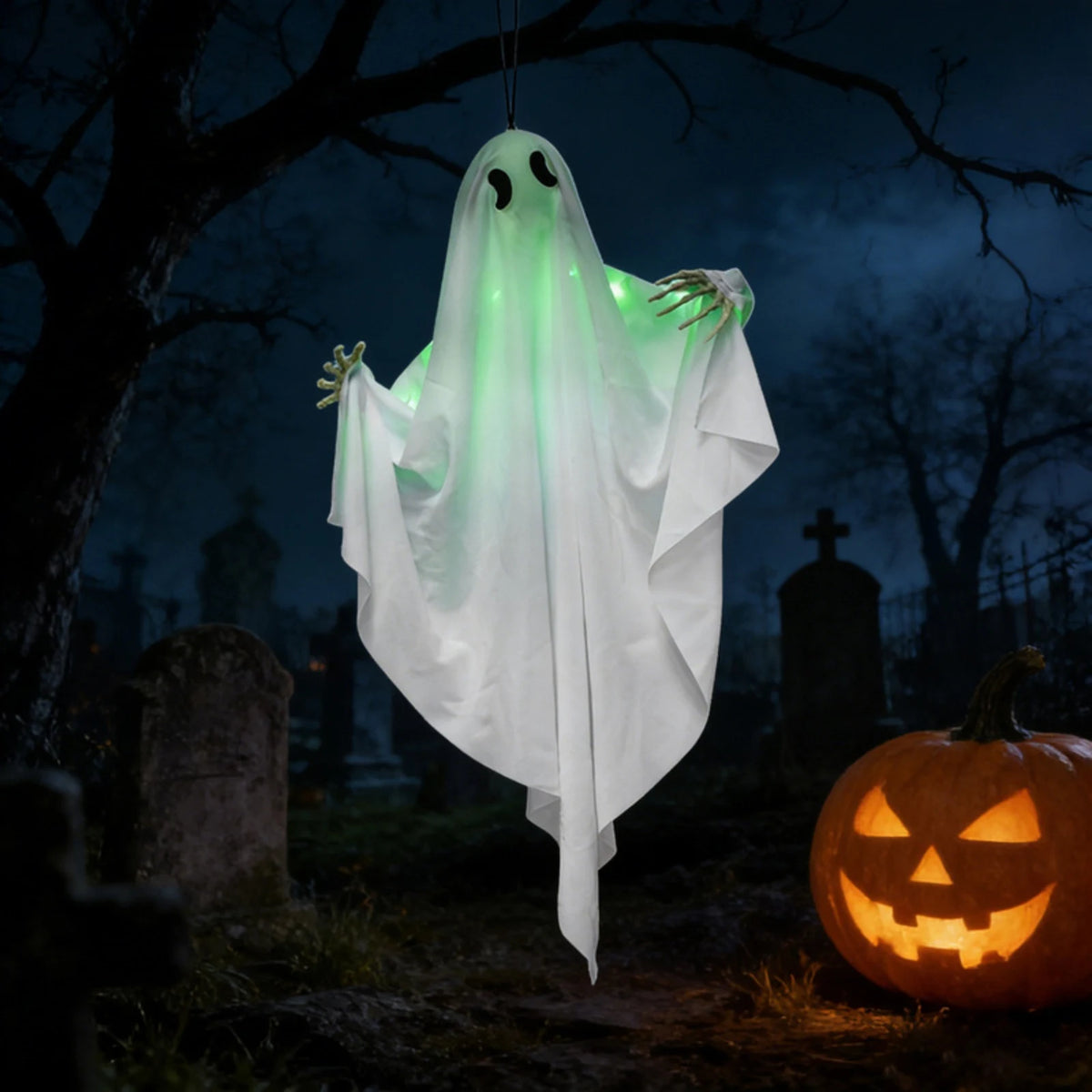 Halloween Glowing Ghost Hanging Decoration with Green Light, Skeleton Hand and Multiple Expressions, Halloween Outdoor Decor