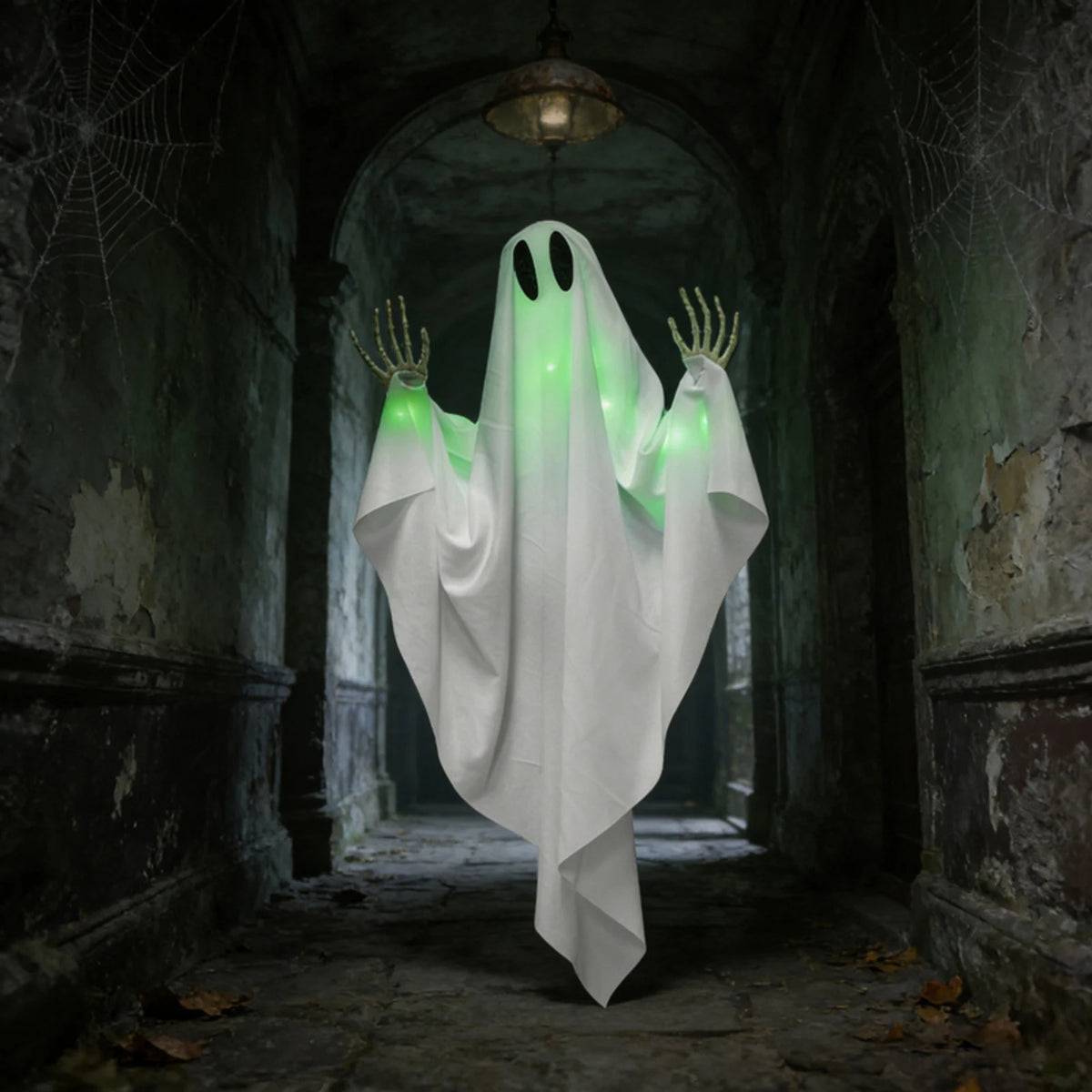Halloween Glowing Ghost Hanging Decoration with Green Light, Skeleton Hand and Multiple Expressions, Halloween Outdoor Decor
