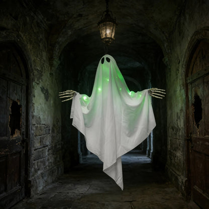 Halloween Glowing Ghost Hanging Decoration with Green Light, Skeleton Hand and Multiple Expressions, Halloween Outdoor Decor