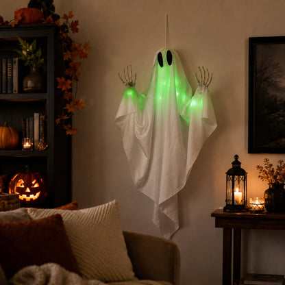 Halloween Glowing Ghost Hanging Decoration with Green Light, Skeleton Hand and Multiple Expressions, Halloween Outdoor Decor