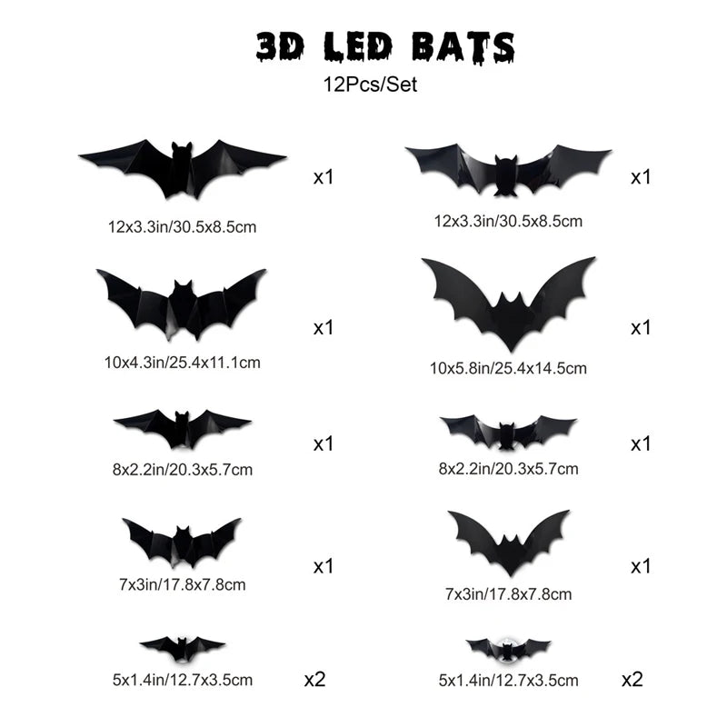 Halloween Spooky Ornaments: 3D Bat Light LED Decorations | Bendable Wall Stickers, Powered Glowing Decor | Decor Party, Window