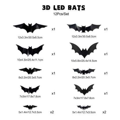 Halloween Spooky Ornaments: 3D Bat Light LED Decorations | Bendable Wall Stickers, Powered Glowing Decor | Decor Party, Window