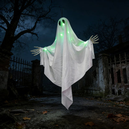 Halloween Glowing Ghost Hanging Decoration with Green Light, Skeleton Hand and Multiple Expressions, Halloween Outdoor Decor