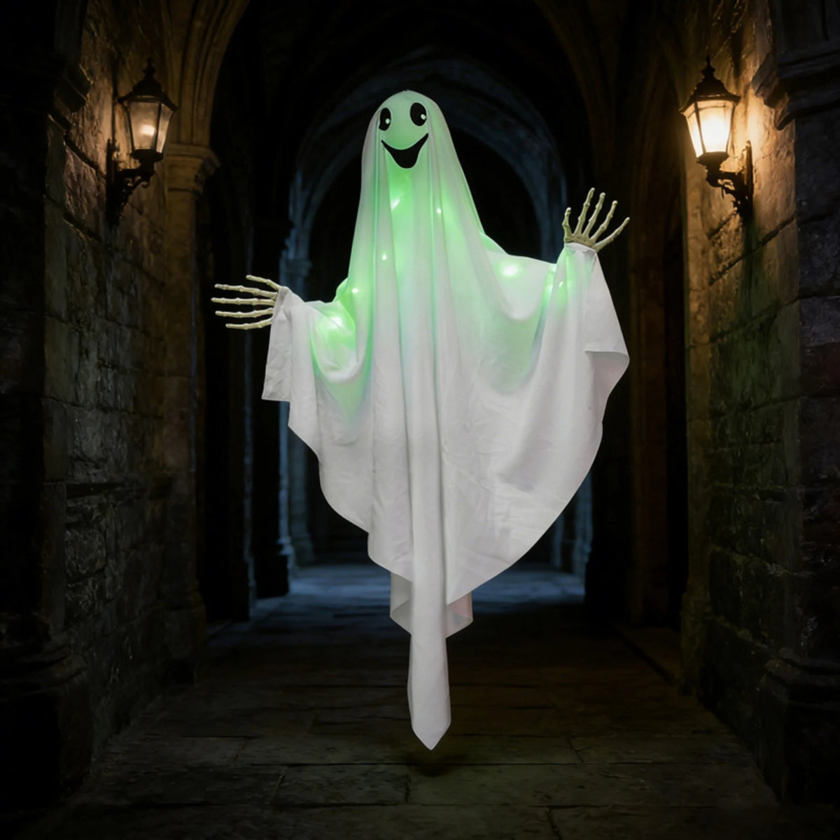 Halloween Glowing Ghost Hanging Decoration with Green Light, Skeleton Hand and Multiple Expressions, Halloween Outdoor Decor