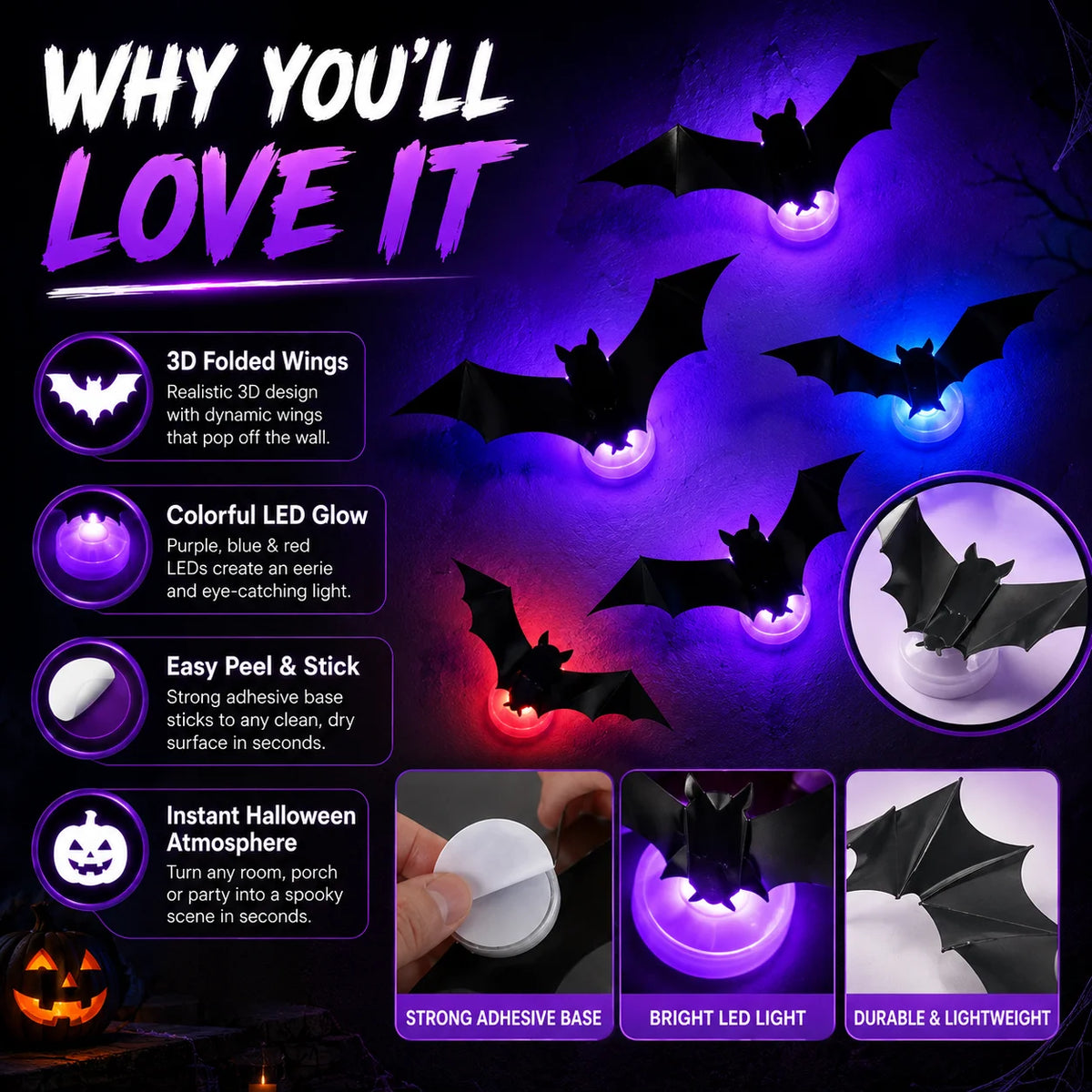 Halloween Spooky Ornaments: 3D Bat Light LED Decorations | Bendable Wall Stickers, Powered Glowing Decor | Decor Party, Window