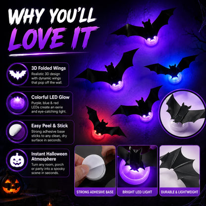 Halloween Spooky Ornaments: 3D Bat Light LED Decorations | Bendable Wall Stickers, Powered Glowing Decor | Decor Party, Window