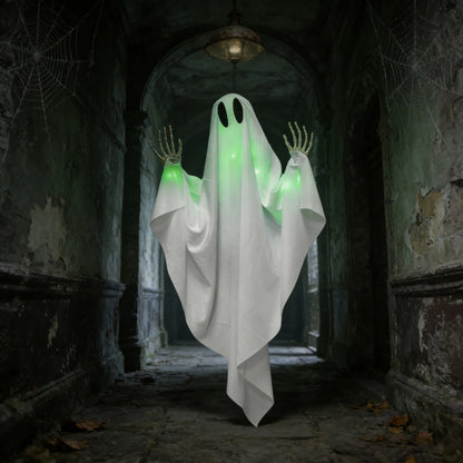 Halloween Glowing Ghost Hanging Decoration with Green Light, Skeleton Hand and Multiple Expressions, Halloween Outdoor Decor
