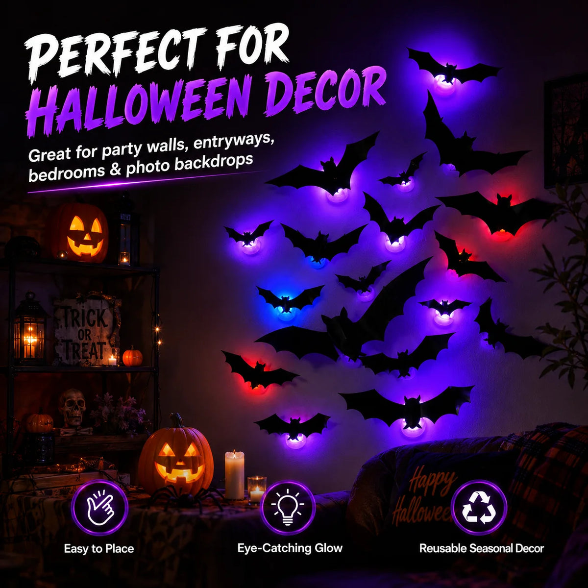Halloween Spooky Ornaments: 3D Bat Light LED Decorations | Bendable Wall Stickers, Powered Glowing Decor | Decor Party, Window