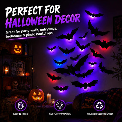 Halloween Spooky Ornaments: 3D Bat Light LED Decorations | Bendable Wall Stickers, Powered Glowing Decor | Decor Party, Window