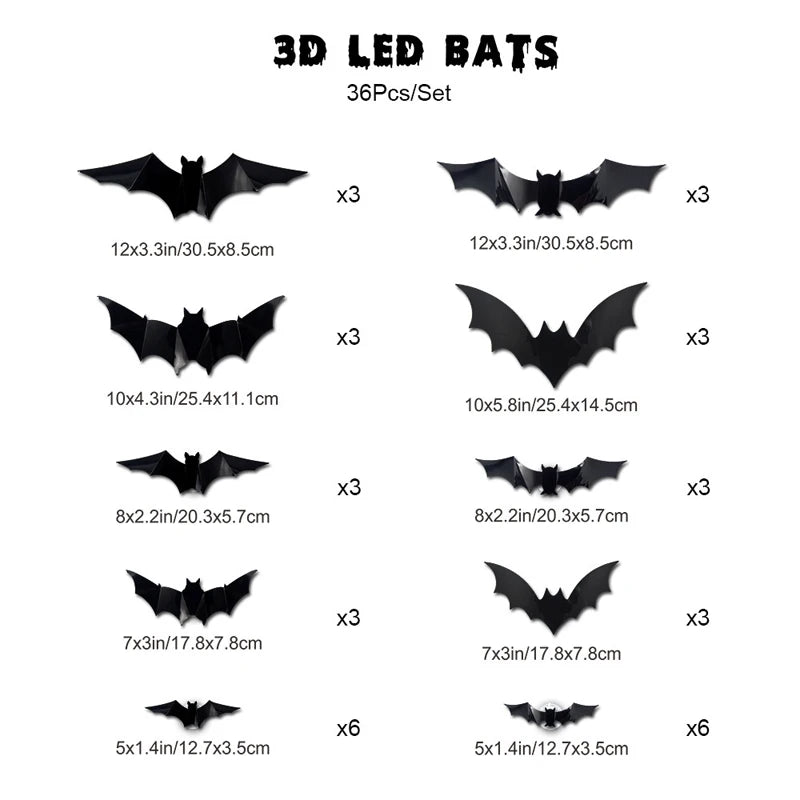 Halloween Spooky Ornaments: 3D Bat Light LED Decorations | Bendable Wall Stickers, Powered Glowing Decor | Decor Party, Window
