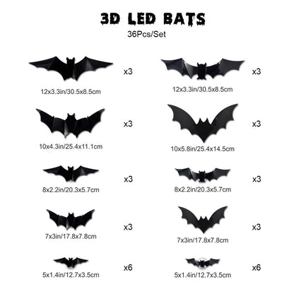 Halloween Spooky Ornaments: 3D Bat Light LED Decorations | Bendable Wall Stickers, Powered Glowing Decor | Decor Party, Window