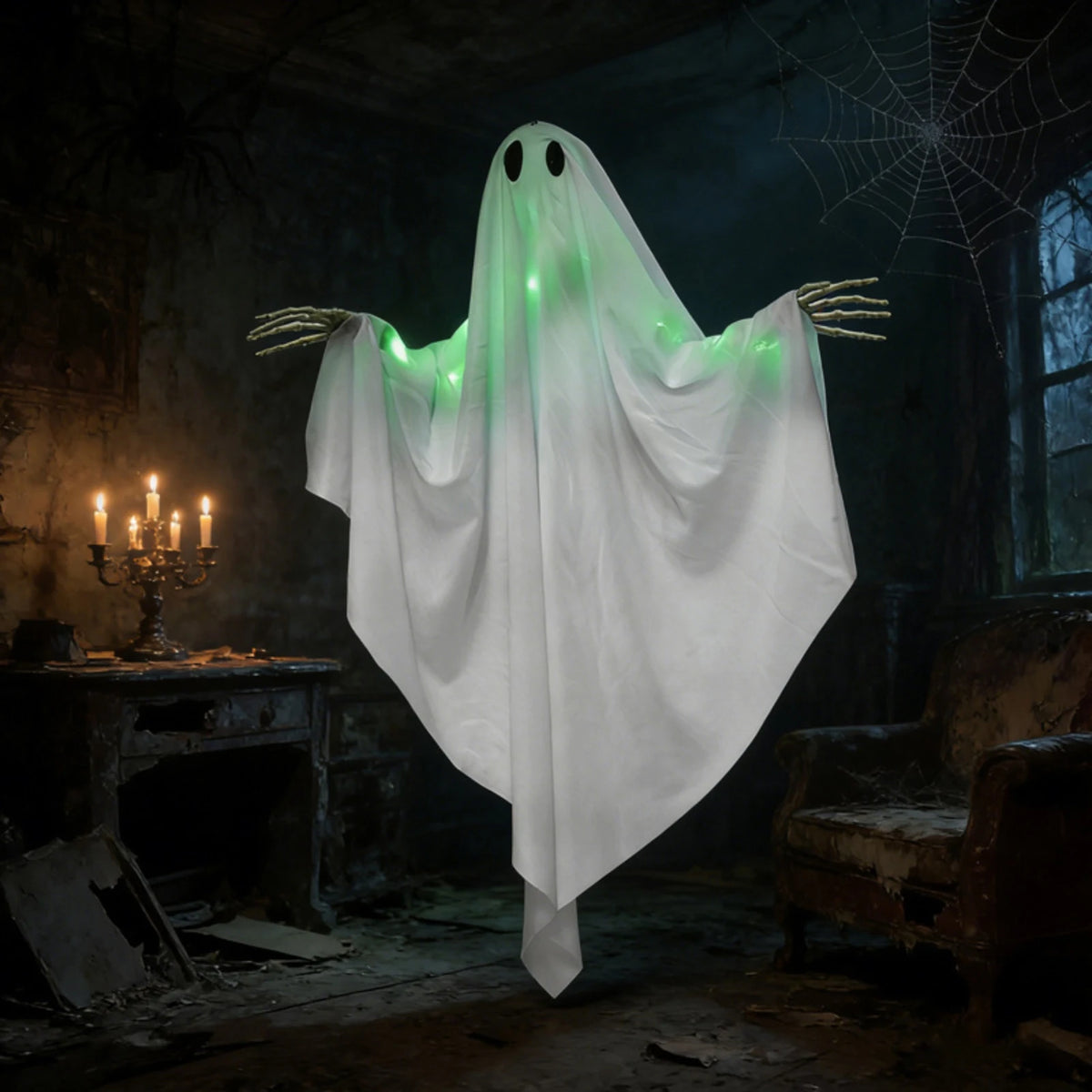 Halloween Glowing Ghost Hanging Decoration with Green Light, Skeleton Hand and Multiple Expressions, Halloween Outdoor Decor