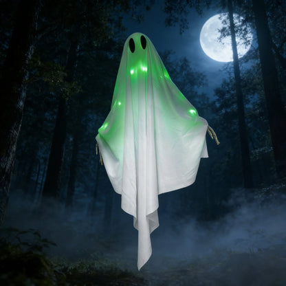 Halloween Glowing Ghost Hanging Decoration with Green Light, Skeleton Hand and Multiple Expressions, Halloween Outdoor Decor