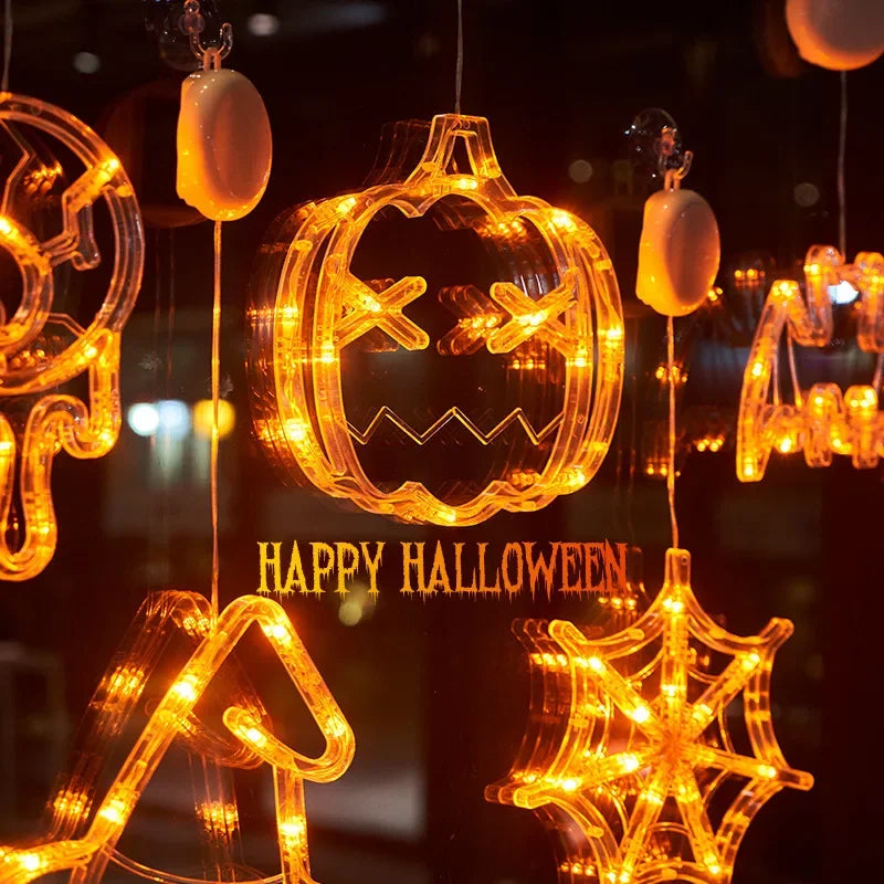 Halloween Decoration Orange Pumpkin Ghost Halloween Window Light with Suction Cup Battery Operated Halloween Home Hanging Decor