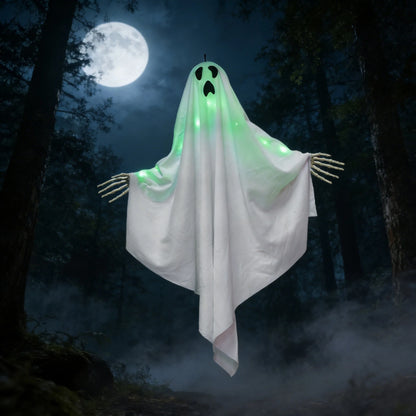 Halloween Glowing Ghost Hanging Decoration with Green Light, Skeleton Hand and Multiple Expressions, Halloween Outdoor Decor
