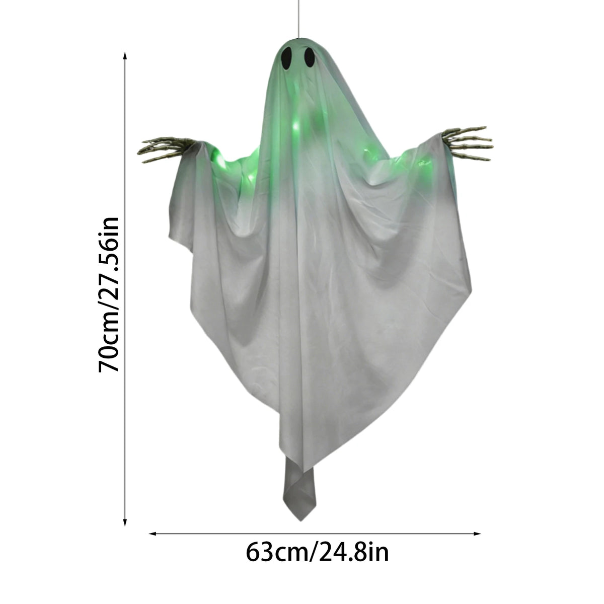 Halloween Glowing Ghost Hanging Decoration with Green Light, Skeleton Hand and Multiple Expressions, Halloween Outdoor Decor