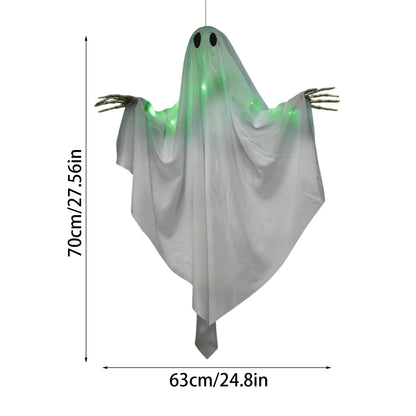 Halloween Glowing Ghost Hanging Decoration with Green Light, Skeleton Hand and Multiple Expressions, Halloween Outdoor Decor
