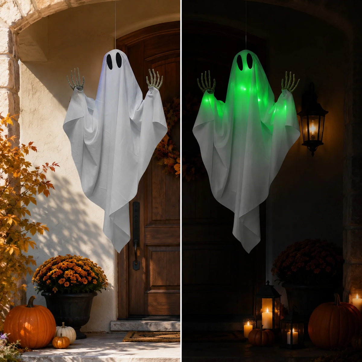 Halloween Glowing Ghost Hanging Decoration with Green Light, Skeleton Hand and Multiple Expressions, Halloween Outdoor Decor