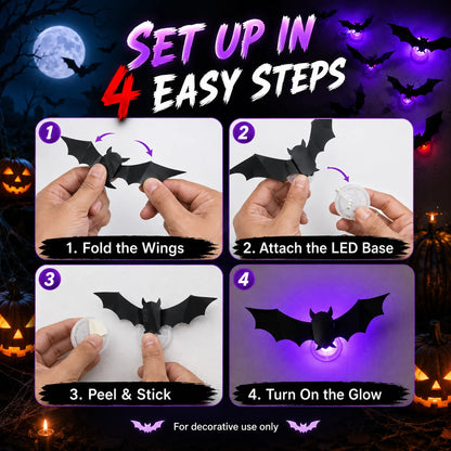 Halloween Spooky Ornaments: 3D Bat Light LED Decorations | Bendable Wall Stickers, Powered Glowing Decor | Decor Party, Window