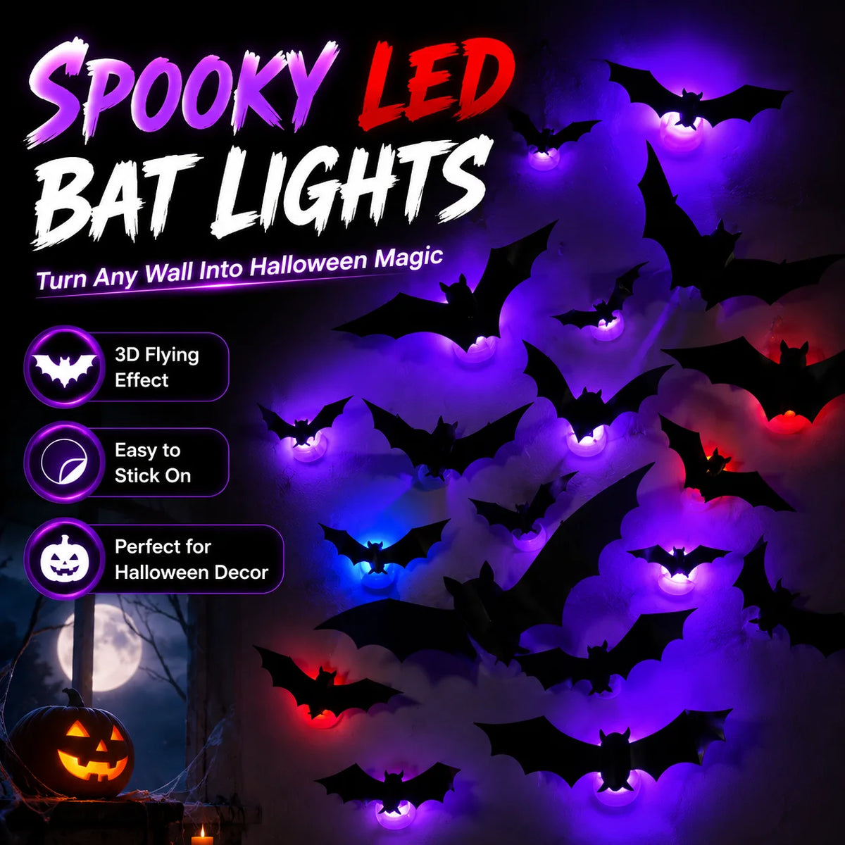 Halloween Spooky Ornaments: 3D Bat Light LED Decorations | Bendable Wall Stickers, Powered Glowing Decor | Decor Party, Window