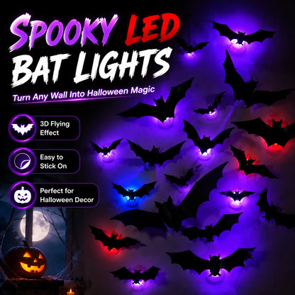 Halloween Spooky Ornaments: 3D Bat Light LED Decorations | Bendable Wall Stickers, Powered Glowing Decor | Decor Party, Window