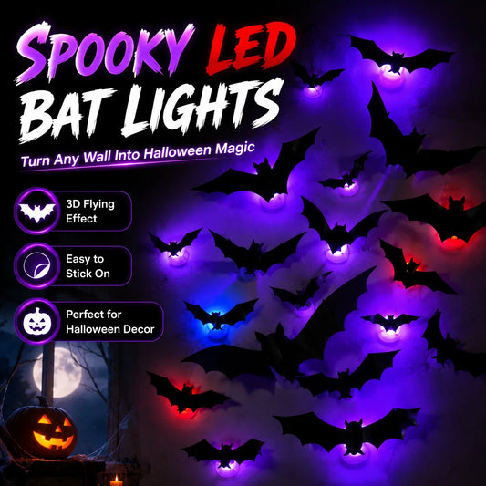 Halloween Spooky Ornaments: 3D Bat Light LED Decorations | Bendable Wall Stickers, Powered Glowing Decor | Decor Party, Window