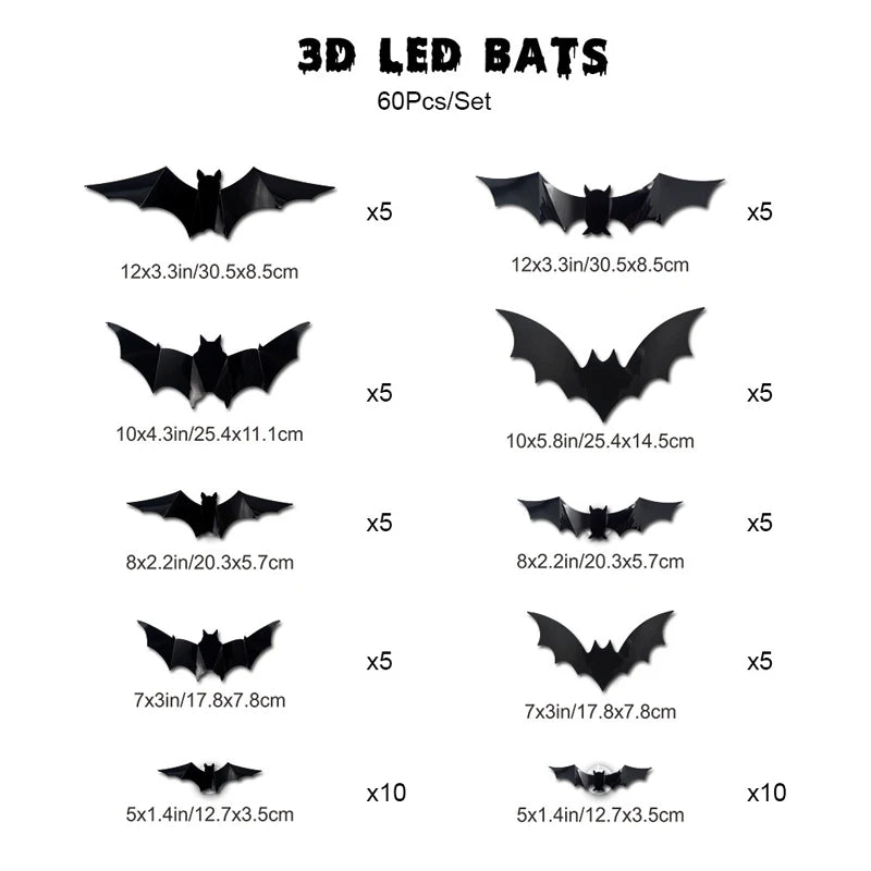 Halloween Spooky Ornaments: 3D Bat Light LED Decorations | Bendable Wall Stickers, Powered Glowing Decor | Decor Party, Window